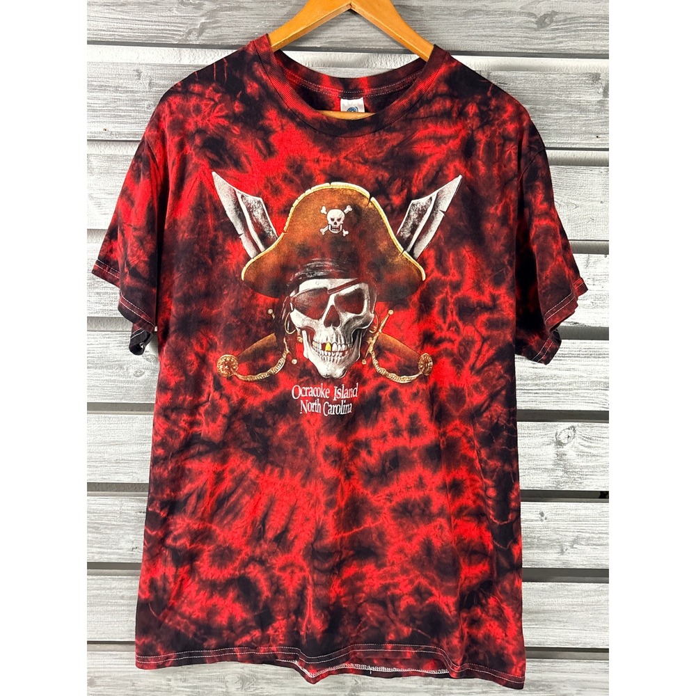 Ocracoke Island NC North Carolina Pirate Skull Tie Dye T-Shirt Red Black Mens L
